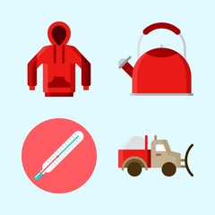 Icons set about Winter with hoodie, kettle, thermometer and snowplow