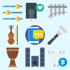 Icons set about Music with drum, levels, violin, earphone, panpipe and maracas