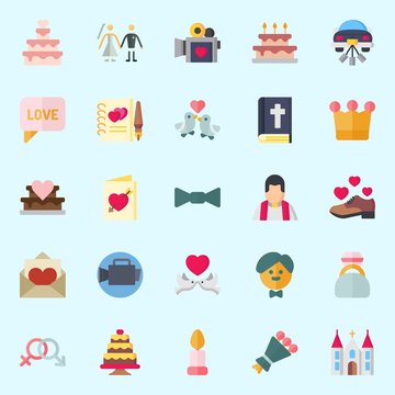 Icons set about Wedding with groom, priest, bouquet, wedding cake, video camera and bible