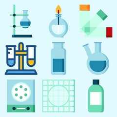 Icons set about Laboratory with jar, burner, flask, measuring, lab and gas jar