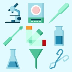 Icons set about Laboratory with gas jar, funnel, measuring, ladle, lab and dropper