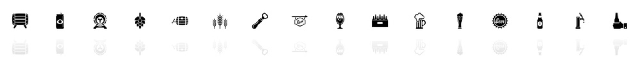 Beer icons - Black horizontal Illustration symbol on White Background with a mirror Shadow reflection. Flat Vector Icon.