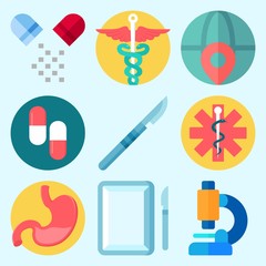 Icons set about Medical with pill, worldwide, pharmacy, microscope, stomach and surgery