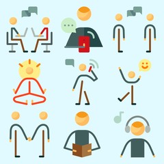 Icons set about Human with happiness, music listener, happy man, dialogue, calling and yoga