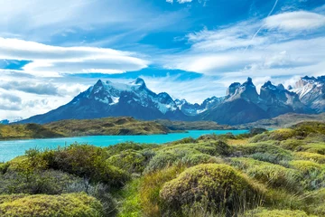 Photo sur Plexiglas Cuernos del Paine Pehoe lake and Guernos mountains beautiful landscape, national park Torres del Paine, Patagonia, Chile, South America  