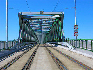 Old Bridge (slovak name - Stary Most) after repair. Now it is a modern bridge across the Danube river for trams to Petrzalka side. For pedestrians and cyclists are paths on sides of bridge.