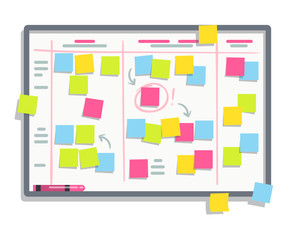 Process planning board with color sticky notes. Scrum task whiteboard flat vector illustration
