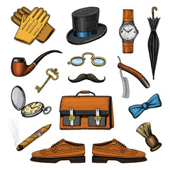 gentleman accessories set. hipster or businessman, victorian era. engraved hand drawn vintage. brogues, briefcase, shirt and cigar. cylinder hat, smoking pipe, straight razor, monocle, pince-nez - obrazy, fototapety, plakaty