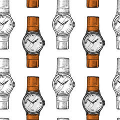 wristwatch seamless pattern or wristlet watch, classic man with bracelet. accessory for time tracking. victorian era. engraved hand drawn in old vintage sketch.