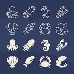Obraz premium Seafood linear and silhouette icons set on grunge background