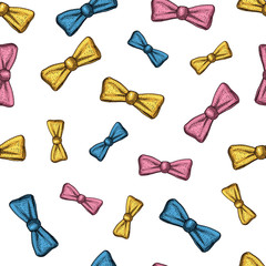 Seamless pattern. bow tie for men or hipster fashion. hair and beard engraved hand drawn in old vintage sketch.