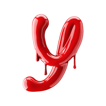 3D render of red alphabet make from nail polish. Handwritten cursive letter Y. Isolated on white