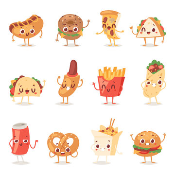 Fast food smile vector cartoon expression characters of hamburger or cheeseburger with fast-food emotion of burger or hot dog emoticon icons and soda drink emoji illustration isolated on background