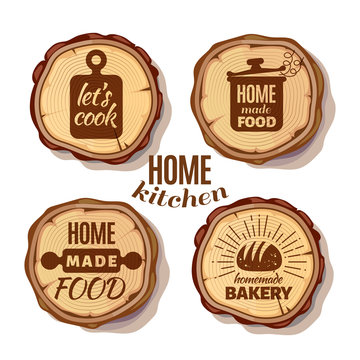 Retro kitchen cooking at home and handmade badges on saw cut tree trunks
