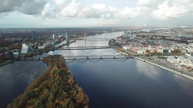Riga Latvia Daugava river Zakusala island Aerial drone top view 