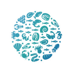 Ocean life colorful round concept - sea food emblem design