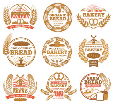 Vintage bakery vector labels with wheat ears and bread symbols