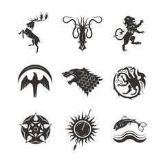 Great kingdoms houses gaming heraldic vector icons with line animals and throne symbols © MicroOne