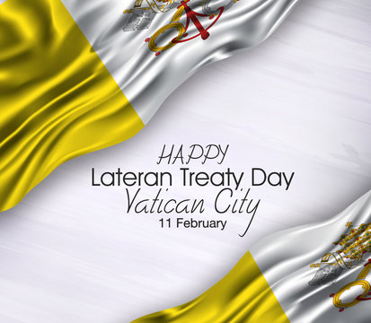  Vector Illustration Of  Happy Vatican Lateran Treaty Day 11 Februay. Waving Flags Isolated On Gray Background.