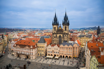 Fototapeta na wymiar Old Town Square and Church of Our Lady before Tyn in Prague in evening time, Czech Republic