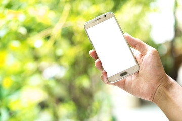 Hand holding a smartphone with blank screen on green blur background