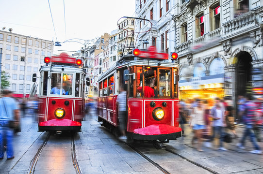 Old red trams on stiklal Avenue, Istanbul, Turkey