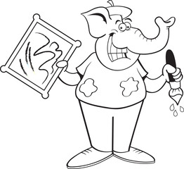 Black and white illustration of an elephant holding a paintbrush and a sign.