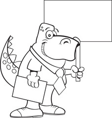 Black and white illustration of a dinosaur wearing a tie and holding a sign.