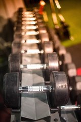 Fototapeta premium Rows of metal dumbbells on rack / sport club. Weight Training Equipment.