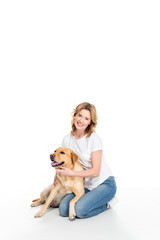 cheerful woman with golden retriever dog, isolated on white