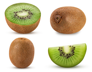 Collection ripe kiwi fruit, whole, cut in half, slice