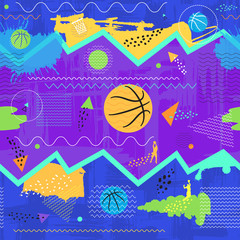 Vector Trendy seamless basketball pattern. Geometric Abstract Background for sport design of postcards, posters, banners, textiles, flyers, booklets, grunge style. Hand Drawn. Collage.