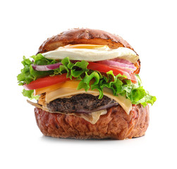 Tasty burger with fried egg on white background