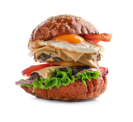 Tasty burger with fried egg on white background