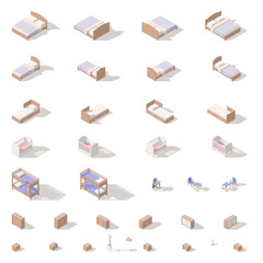 Bedroom and children room furniture, low poly isometric icon set