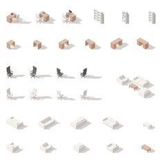 Cabinet or workplace low poly isometric icon set