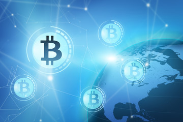 Bitcoin sign on blue virtual screen, blockchain concept