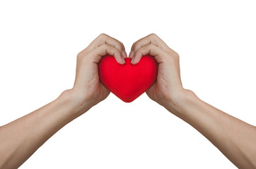 Fototapeta premium hand man in love shape holding red heart isolated on white background with clipping path. love concept. valentine day.