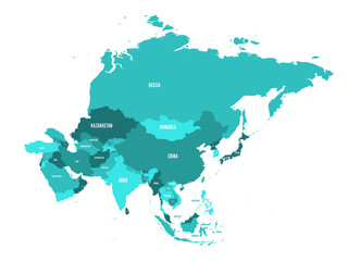 Fototapeta na wymiar Political map of Asia continent in shades of turquoise blue. Vector illustration.