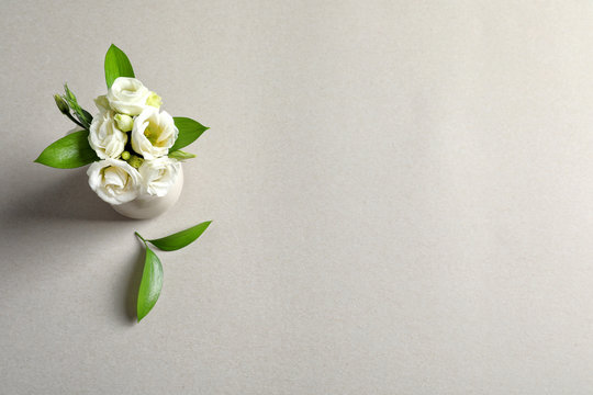 Fototapeta Beautiful white flowers in vase on grey background