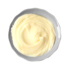 Plate with mashed potatoes on white background