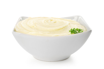 Dish with mashed potatoes on white background