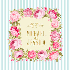 The marriage card. Wedding invitation card template. Frame of red flowers in vintage style. Marriage invitation card with custom sign and flower frame over tile blue background. Vector illustration.