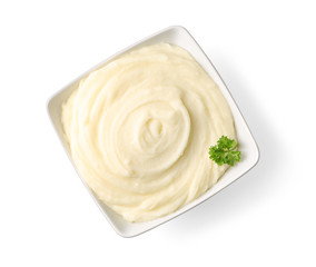 Dish with mashed potatoes on white background