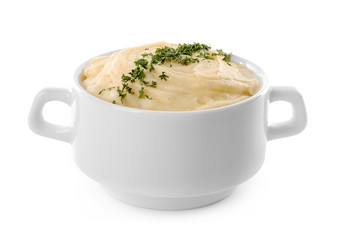 Dish with mashed potatoes on white background