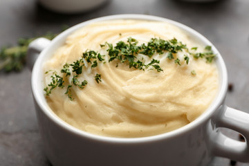Dish with mashed potatoes, closeup