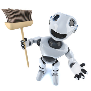 3d Cartoon robot man holding a broom