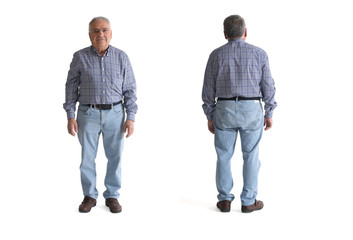 Front and back of senior man isolated on white