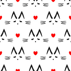 Repeated heart and outline of cat's head drawn by hand. Cute seamless pattern for children.