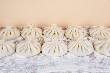 Khinkali is the national dish of Georgian cuisine. Products meat and dough with spices. Selective focus